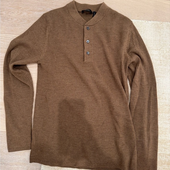 Theory Men's Ribbed Brown Crewneck Henley Sweater - Picture 3 of 4
